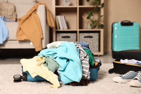 Suitcase with pile of different messy clothes on carpetの写真素材