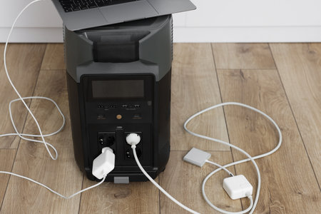 Modern portable power station, charging devices attached indoorsの写真素材