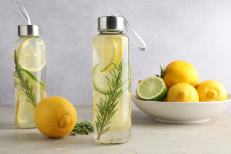 Lemon water with lime in bottles, rosemary and fresh fruits on gray table