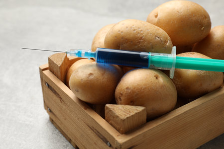GMO concept. Potatoes and syringe with liquid in crate on gray textured table, closeupの写真素材