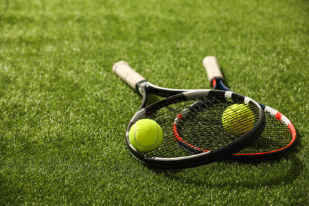 Tennis rackets and balls on green artificial grass, space for textの写真素材