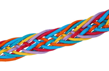 Colorful ropes tied together isolated on white. Unity concept
