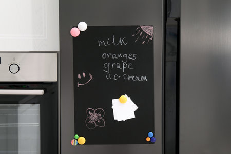 Magnetic board with shopping list and notes on refrigerator in kitchenの写真素材