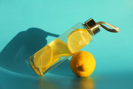 Lemon water in bottle and fresh fruit on light blue backgroundの写真素材