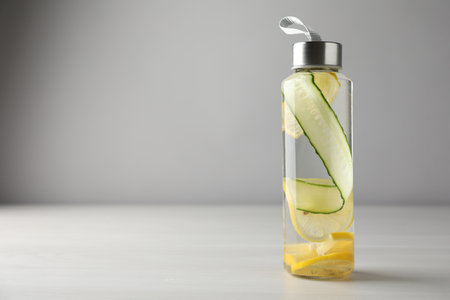 Lemon water with cucumber in bottle on white wooden table, space for textの写真素材