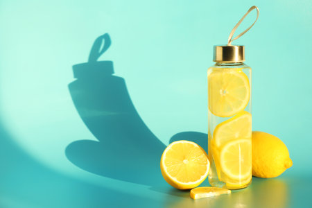 Lemon water in bottle and fresh fruits on light blue background. Space for textの写真素材
