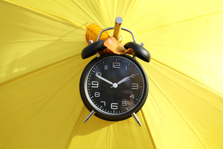 Alarm clock and yellow umbrella with dry leaves, closeupの写真素材