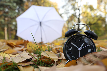 Alarm clock and white umbrella on dry leaves outdoors, closeup. Space for text