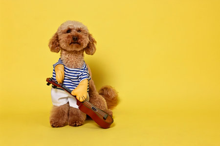 Cute Toy Poodle dog in musician costume on yellow background, space for textの写真素材