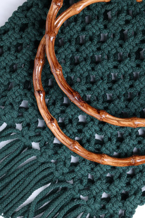 Handmade macrame shopping bag on white background, closeupの写真素材