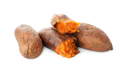 Tasty cooked sweet potatoes isolated on whiteの写真素材