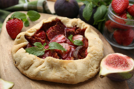 Tasty galette with strawberries, figs and mint on table, closeupの写真素材