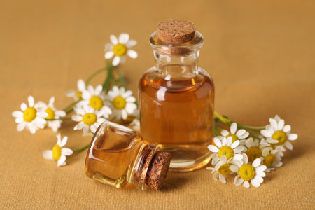 Bottles of essential oil and chamomile flowers on brown fabric, closeupの写真素材
