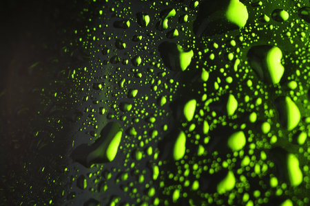 Water drops on dark green glass surface, macro viewの写真素材
