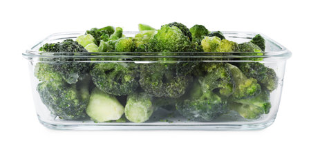 Frozen broccoli in container isolated on whiteの写真素材