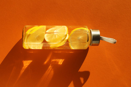 Lemon water in bottle on brown background, top viewの写真素材