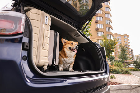 Pembroke Welsh Corgi near suitcases in car trunkの写真素材
