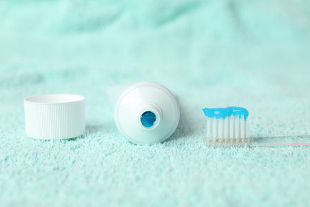 Toothbrush with toothpaste and tube on turquoise towel, closeup