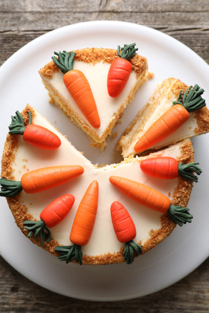 Plate with delicious carrot cake on wooden table, top view