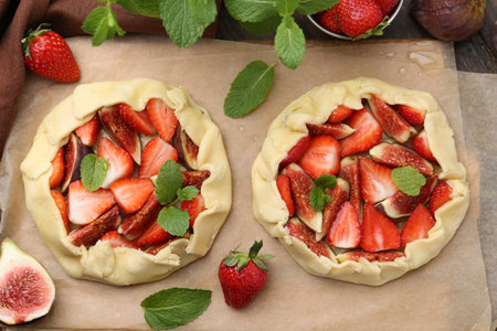 Uncooked galettes with strawberries, figs and mint on table, flat layの写真素材