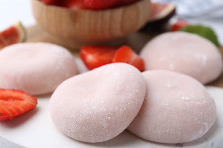 Delicious mochi and strawberries on table, closeupの写真素材