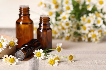 Bottles of essential oil and chamomile flowers on table, closeup. Space for textの写真素材