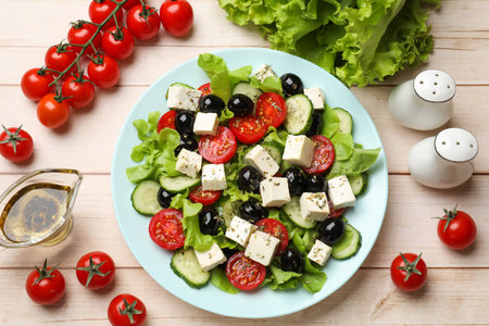 Delicious salad with feta cheese served on white wooden table, flat layの写真素材