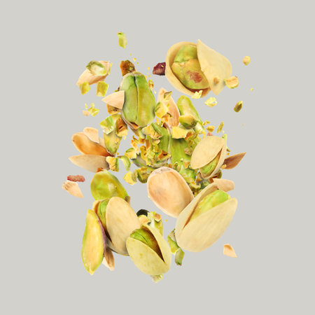 Tasty pistachios with cracked nut shells in air on light gray backgroundの写真素材