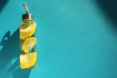 Lemon water in bottle on blue background, top view. Space for textの写真素材