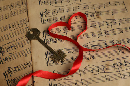 Key and heart shaped ribbon on musical notes, closeupの写真素材
