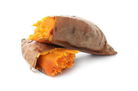 Tasty cooked sweet potato isolated on whiteの写真素材