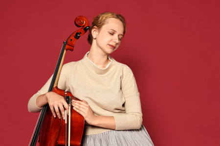Beautiful young woman with cello on red background, space for text