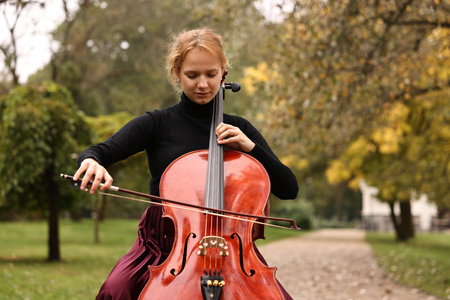 Beautiful young woman playing cello in parkの写真素材