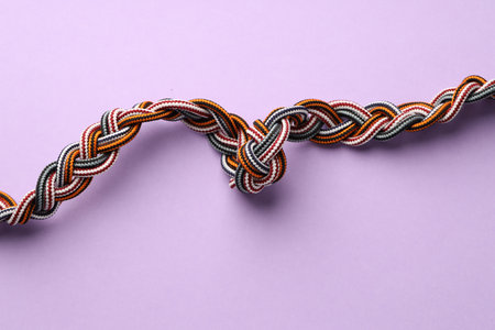 Braided colorful ropes on lilac background, top view. Unity conceptの写真素材