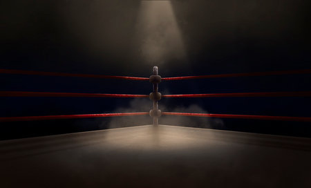 Boxing ring with post and rope under spotlightの写真素材