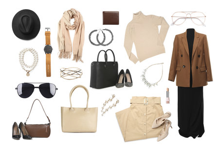 Stylish women's outfit. Beautiful clothes and accessories on white background. Collection with beige and black colors. Fashion trend boardの写真素材