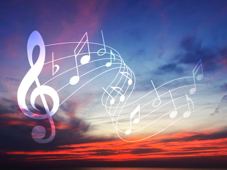 Musical symbols in beautiful sunset sky with cloudsの写真素材