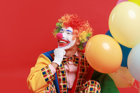 Happy clown with colorful balloons on red background