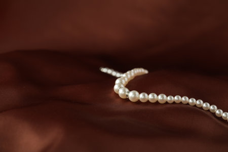 Beautiful pearl necklace on brown silk, closeup. Space for textの写真素材