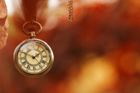 Autumn time. Chain watch hanging on tree in park, selective focus. Space for textの写真素材