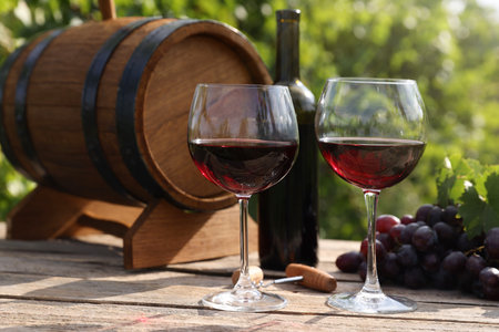 Red wine in glasses, bottle, barrel and grapes on wooden table outdoors