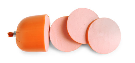 Pieces of tasty boiled sausage isolated on white, top viewの写真素材