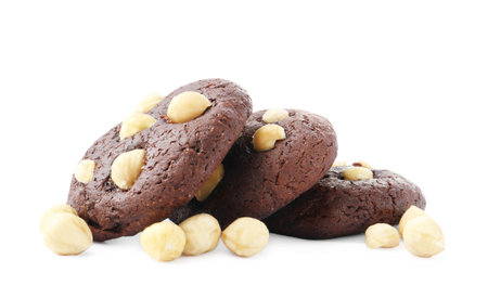 Tasty chocolate cookies with hazelnuts isolated on whiteの写真素材