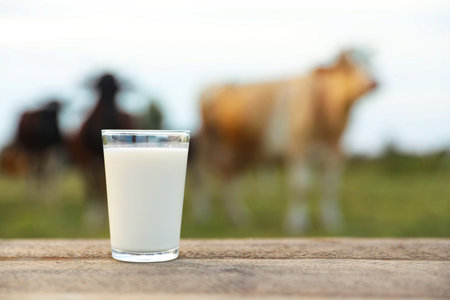 Fresh milk in glass on wooden table and cows grazing outdoors, selective focusの写真素材