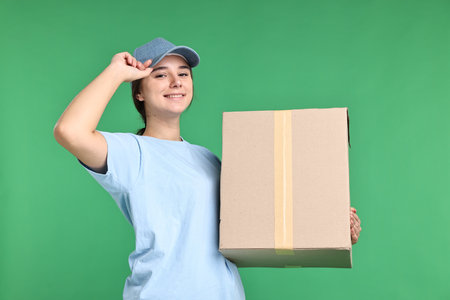 Girl in uniform with parcel on green background. Work for teenagersの写真素材