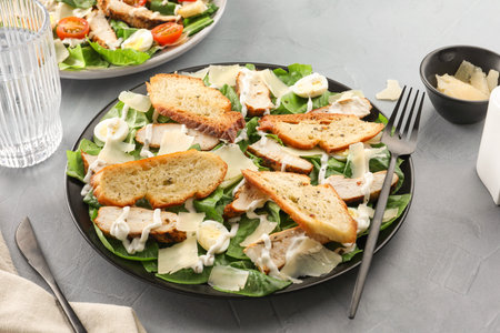 Delicious salad with chicken on gray textured tableの写真素材