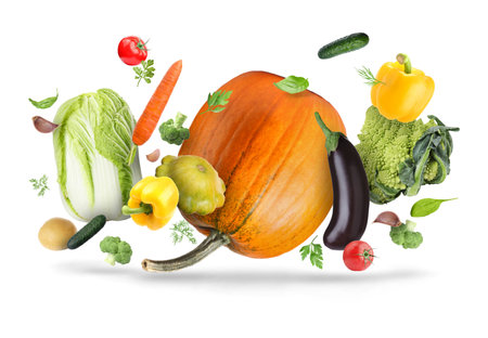 Different fresh vegetables in air on white backgroundの写真素材