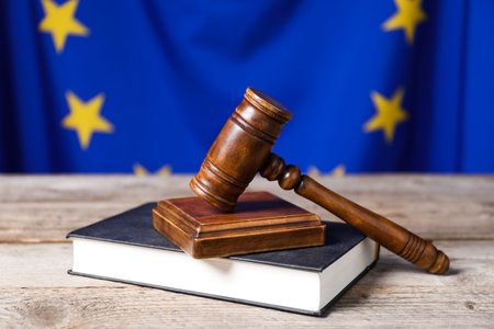 Judge's gavel and book on wooden table against European Union flag, closeupの写真素材