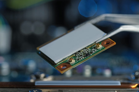 Wi-Fi card on blurred background, closeup. Electronic engineering