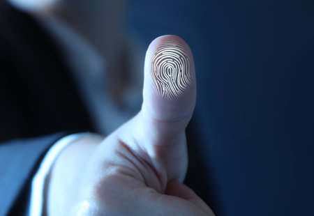 Woman pressing finger to surface showing friction ridges pattern, closeup. Scanning fingerprint